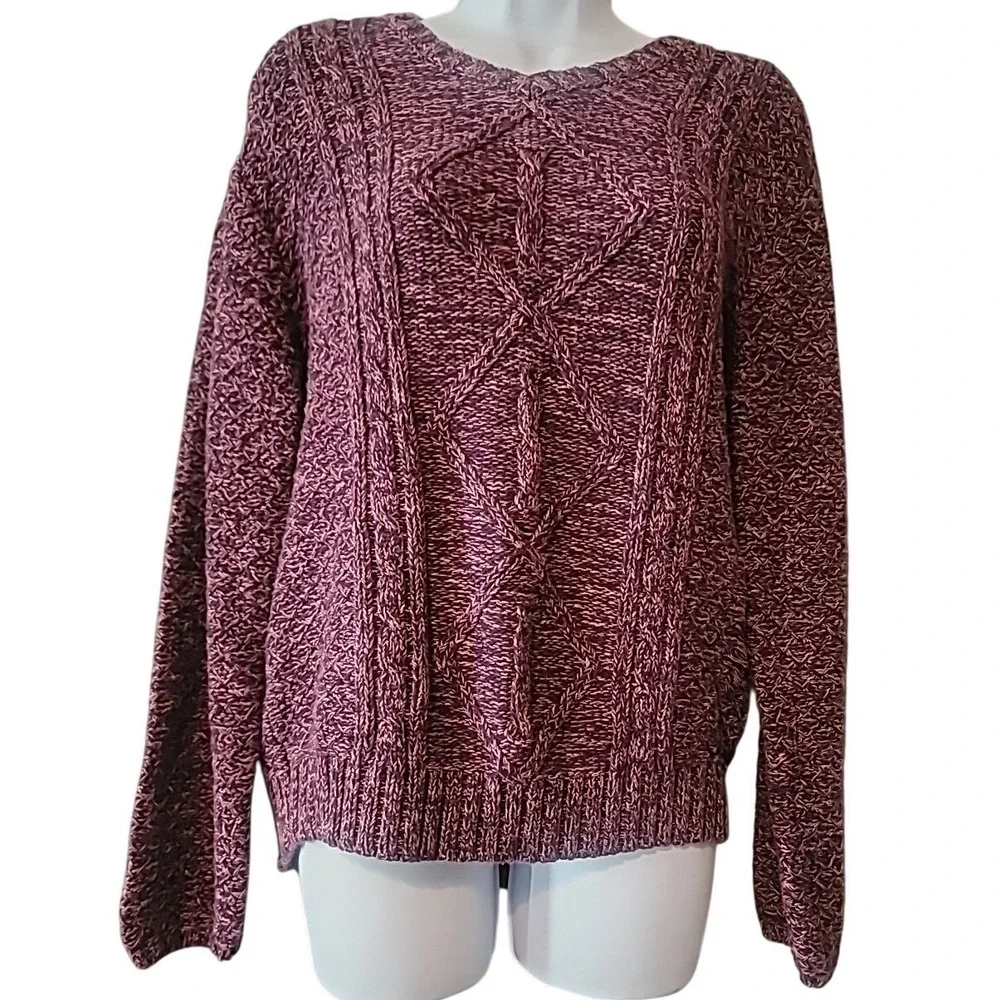 Cabelas Purple Marled Cable‎ Knit Sweater Women Medium 100% Cotton Pullover